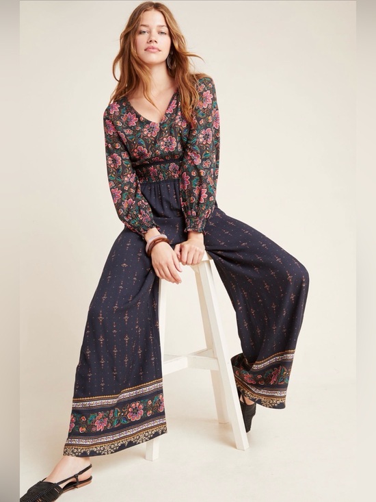 FARM Rio Pants - FARM Rio Navy Wide-Leg Floral Jumpsuit with Pink Accents